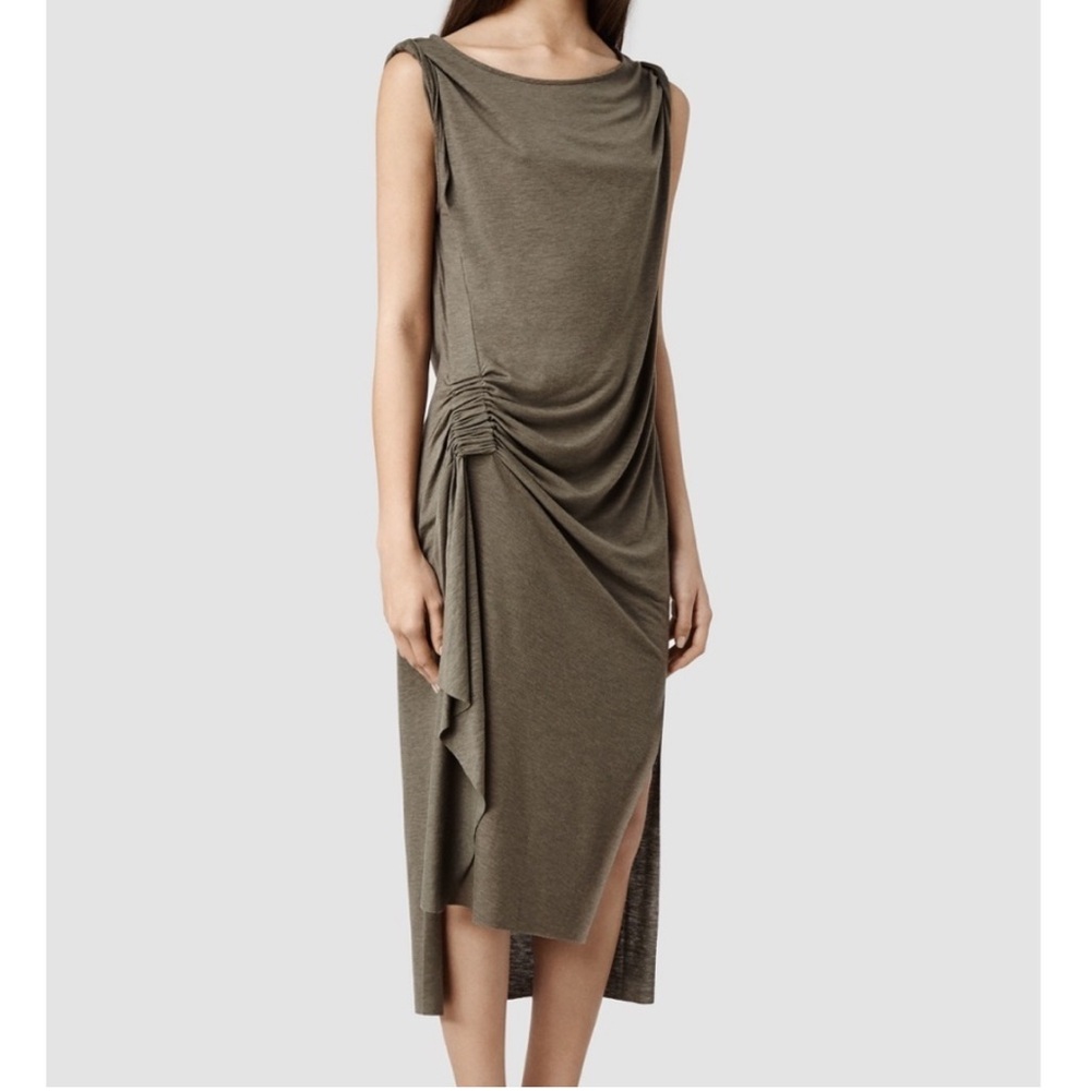 AllSaints Paloma Drape Dress Olive Gray Sleeveless Twist Maxi